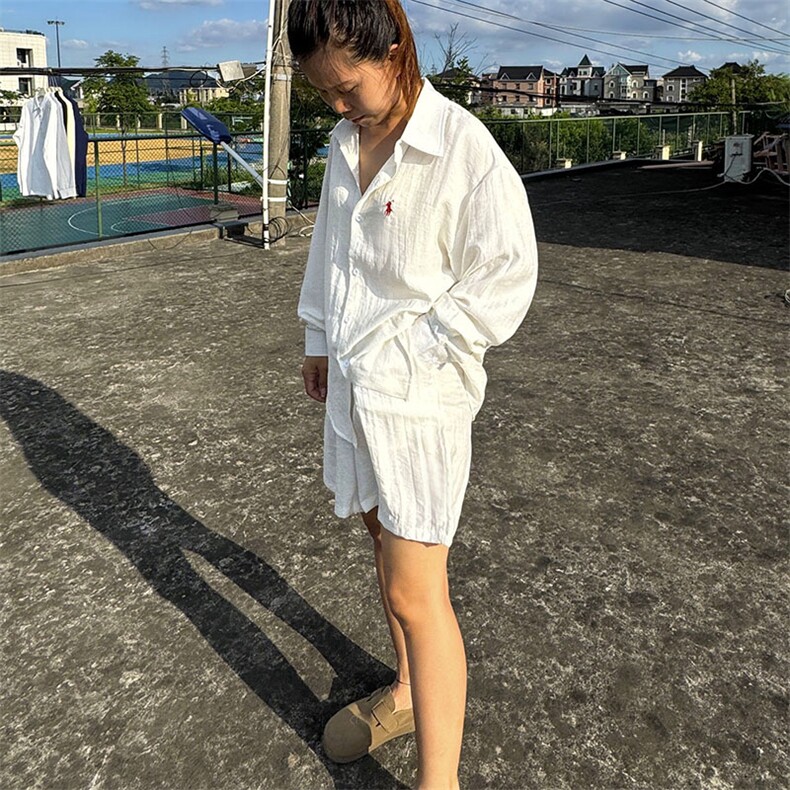 高级慵懒学院风男女长袖衬衫短裤棉麻透气凉爽套装高质量TC01，男装牛仔裤，星座115A-2