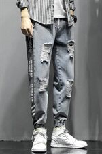 2021春秋季新日系大码束脚印花撞色拼接九分破洞牛仔裤男N8105-P50，男装牛仔裤，电商A001