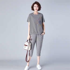 印花气质百搭优雅阔腿裤套装/套裙2021年夏季圆领图片