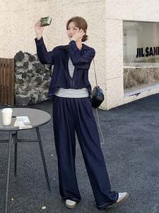 韩剧藏青色休闲衬衫运动套装女秋2025新款条纹吊带ootd穿搭三件套图片