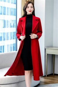 红色中长款双面羊绒大衣女秋冬显瘦本命年洋气西装领风衣毛呢外套图片