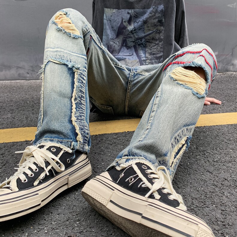 欧美高街vibe裤子红线刺绣破洞牛仔裤男美式hiphop做旧直筒乞丐裤,男装牛仔裤,星座218-8