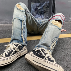 欧美高街vibe裤子红线刺绣破洞牛仔裤男美式hiphop做旧直筒乞丐裤，男装牛仔裤，星座218-8
