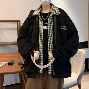 千鸟格开衫假两件外套男棒球服宽松慵懒风小香风卫衣秋季夹克 J20图片