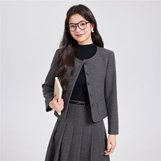 2025秋冬新款气质加厚保暖毛呢圆领小个子短外套百褶裙两件套女，女装套装/套裙，苗苗