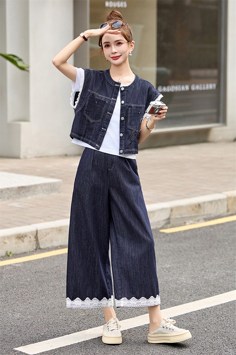 牛仔套装女2025夏季新款韩系小香风蕾丝无袖背心九分裤穿搭一整套,女装套装/套裙,贵人树