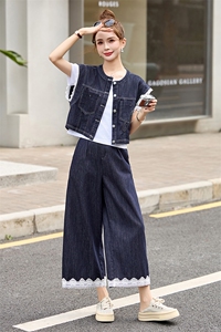 牛仔套装女2025夏季新款韩系小香风蕾丝无袖背心九分裤穿搭一整套图片
