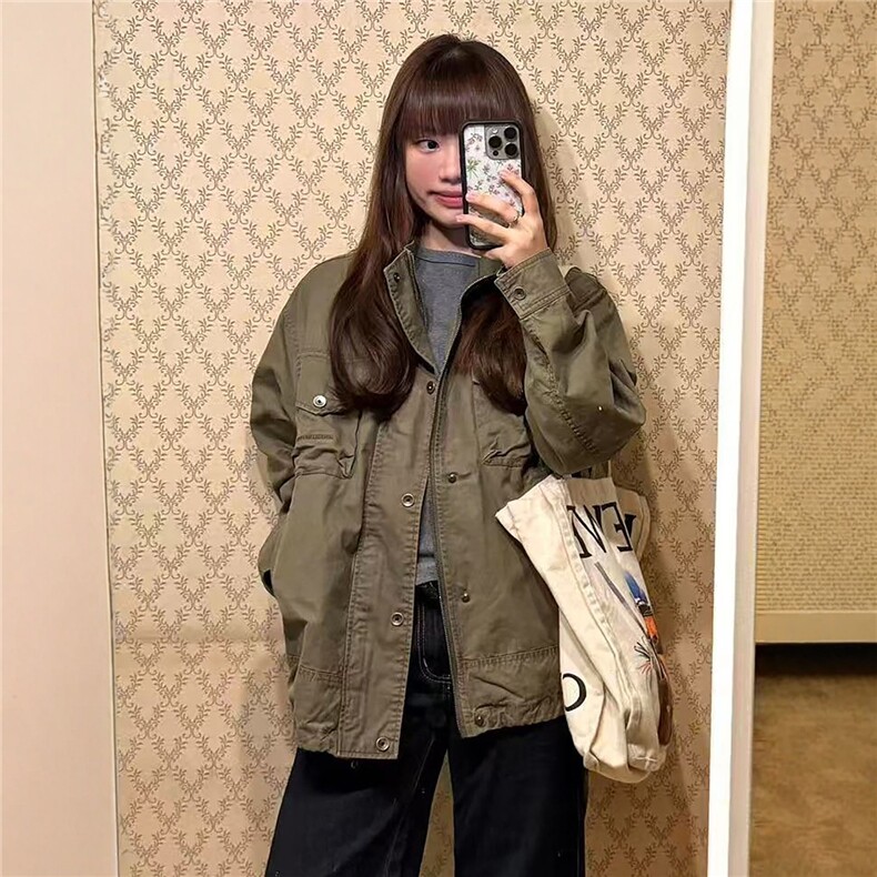2025秋新款美式复古工装外套女设计感宽松气质户外运动立领夹克潮,男装夹克,星座506A