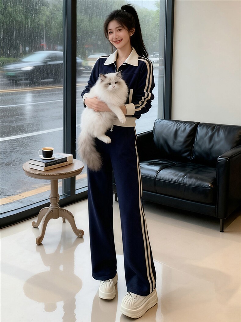 时尚休闲运动套装女秋新款洋气显瘦短款拼接撞色外套阔腿裤两件套,女装套装/套裙,江南