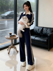 时尚休闲运动套装女秋新款洋气显瘦短款拼接撞色外套阔腿裤两件套，女装套装/套裙，江南