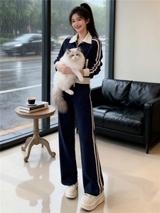 时尚休闲运动套装女秋新款洋气显瘦短款拼接撞色外套阔腿裤两件套图片