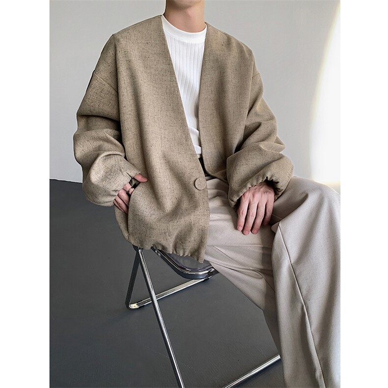 松弛感慵懒风休闲无领一粒单排扣西服夹克外套-82566-P95，男装西服，电商B289