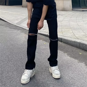 欧美vibe风高街黑色膝盖破洞拉链牛仔裤小众炸街裤子男RK3070-P39图片
