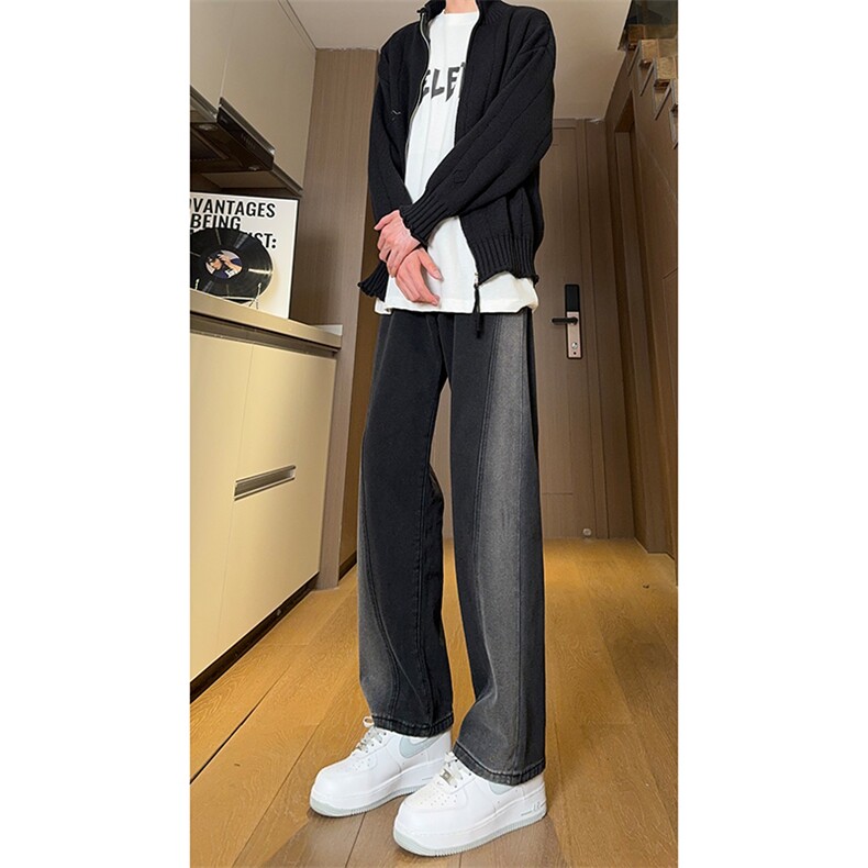现货黑紫色拼接宽松阔腿直筒撞色休闲牛仔裤男女K5820-P50控78,男装牛仔裤,星座205