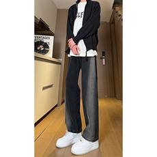 现货黑紫色拼接宽松阔腿直筒撞色休闲牛仔裤男女K5820-P50控78，男装牛仔裤，星座205
