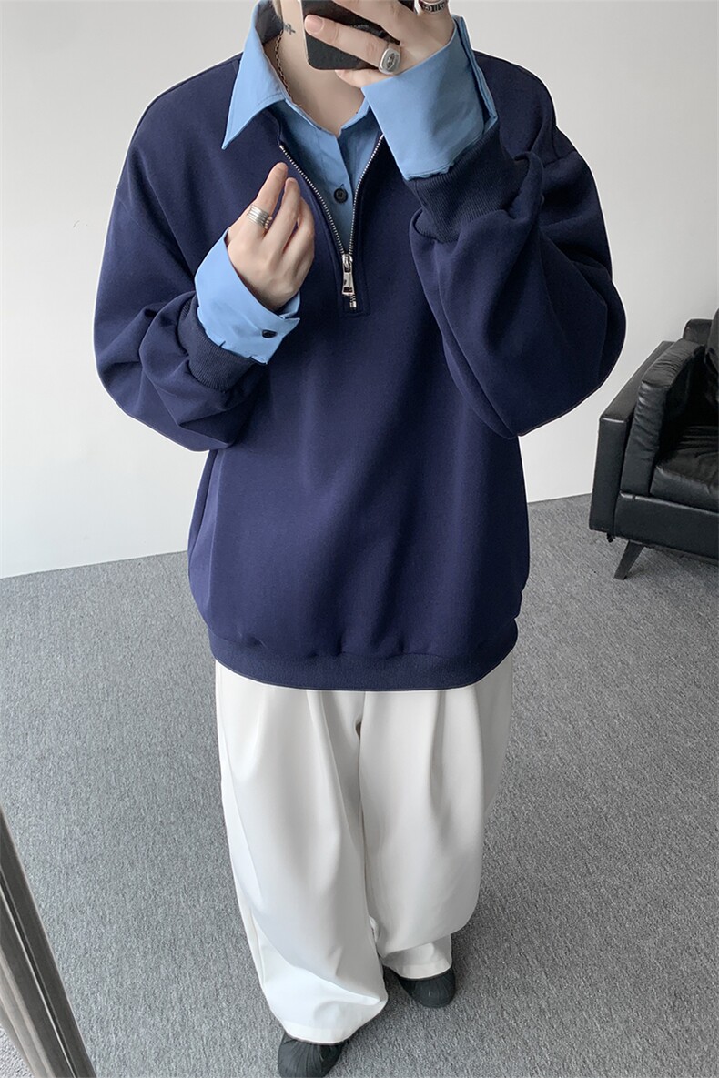 新款假两件条纹拉链衬衫领休闲春款卫衣高街休闲学院卫衣特P50,男装卫衣,电商B319
