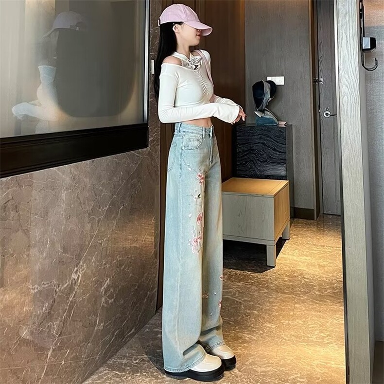 梅花三弄风复古刺绣牛仔裤女春季高腰加长垂感阔腿宽松直筒裤子,男装牛仔裤,星座506A