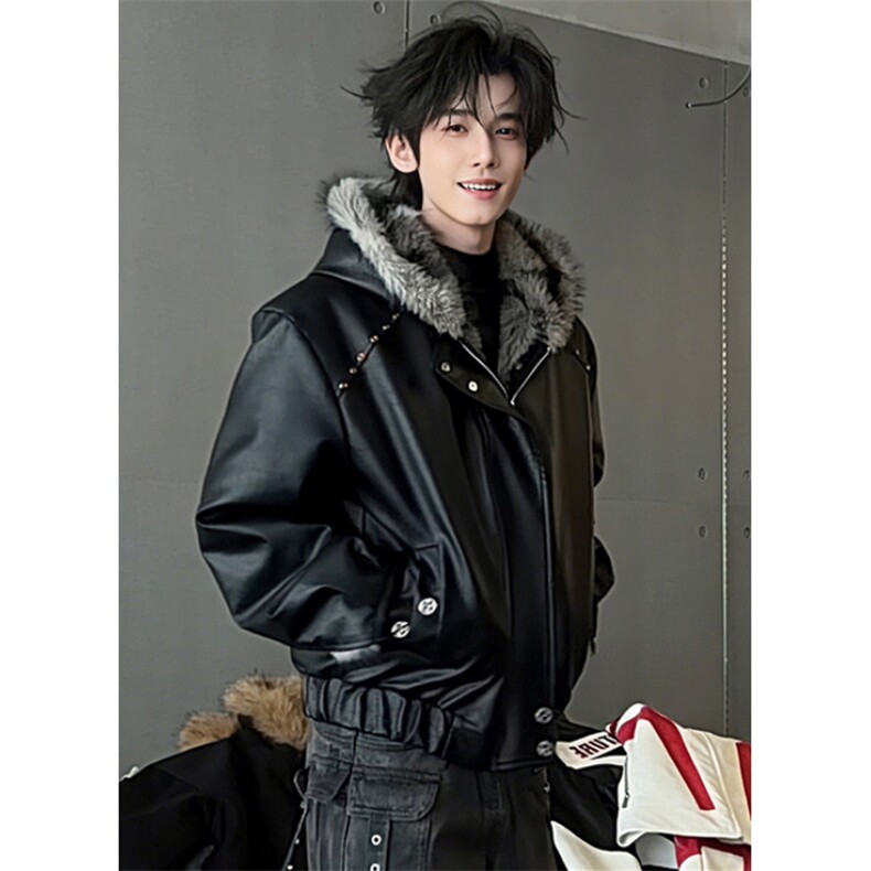 加绒加厚皮衣连帽毛领棉服男冬季仿狼毛短宽外套棉衣 M5043图片