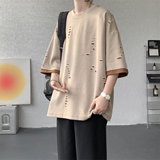 T10137-特批33控68开口笑高品质夏季大码短袖破洞潮流百搭T恤，男装T恤，电商A059