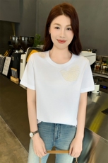 2025年春季时尚潮流刺绣荷花短袖棉圆领，女装T恤，硕诚羊绒