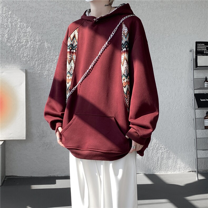 重磅民族风拼接撞色卫衣大码秋冬复古连帽衫外套LW608特P55加绒65，男装民族服装，电商B215