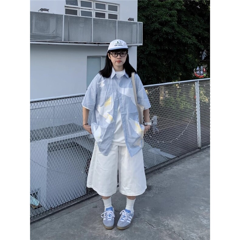 和平鸽印花竖条纹夏季短袖衬衫男女休闲宽松小众设计感衬衣外套潮,男装衬衫,星座506A