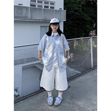 和平鸽印花竖条纹夏季短袖衬衫男女休闲宽松小众设计感衬衣外套潮，男装衬衫，星座506A
