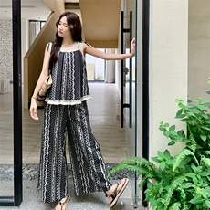 韩系蕾丝拼接流苏上衣条纹阔腿裤套装女2025夏新款甜美温柔两件套，女装套装/套裙，2D034