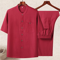 长年现货夏男中老年风轻薄衬衫棉麻套装中年短袖套装棉麻长裤，男装中老年男装，钱塘723