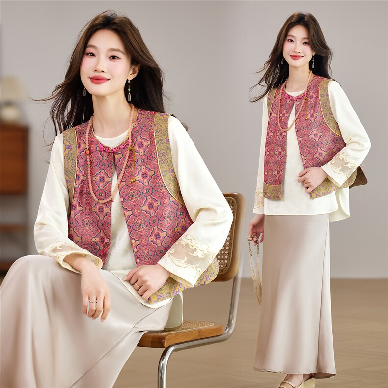 现货春季新款新中式双面穿拼接款圆领马甲+刺绣缎面衬衫两件套女，女装套装/套裙，央宝儿