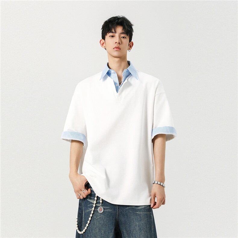 25夏装新品假两件衬衫领短袖T恤POLO衫翻领上衣男H1077特P38,男装T恤,电商A341
