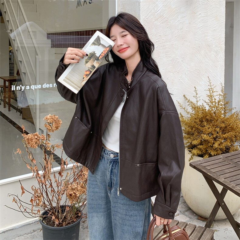 棕色抽绳立领皮衣外套女2025秋新款酷盐系复古宽松小个子百搭夹克,女装皮衣,2C283