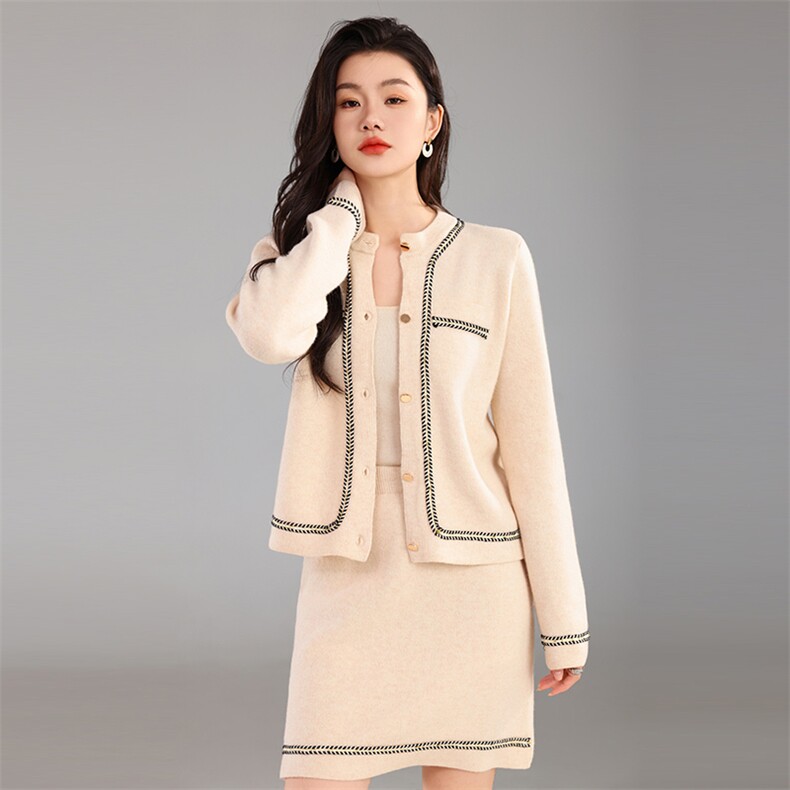 时尚优雅女士秋季新款修身显瘦针织开衫小香风套装,女装套装/套裙,奢优羊绒