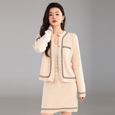 时尚优雅女士秋季新款修身显瘦针织开衫小香风套装，女装套装/套裙，奢优羊绒