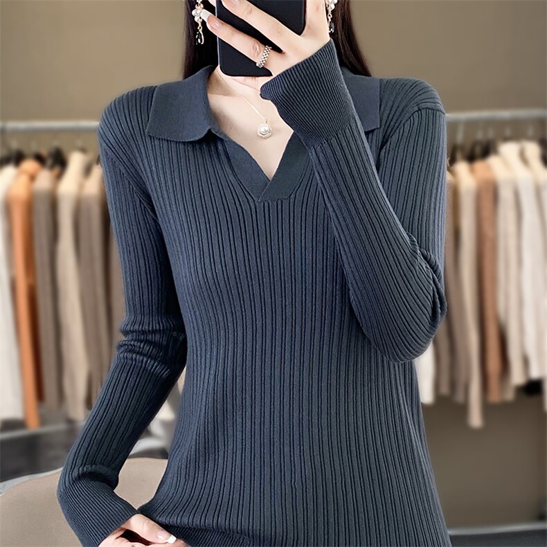 POLO领长袖针织打底衫女修身翻领套头毛衣洋气百搭内搭保暖毛衫女,针织衫/毛衣,佳绒包芯纱店