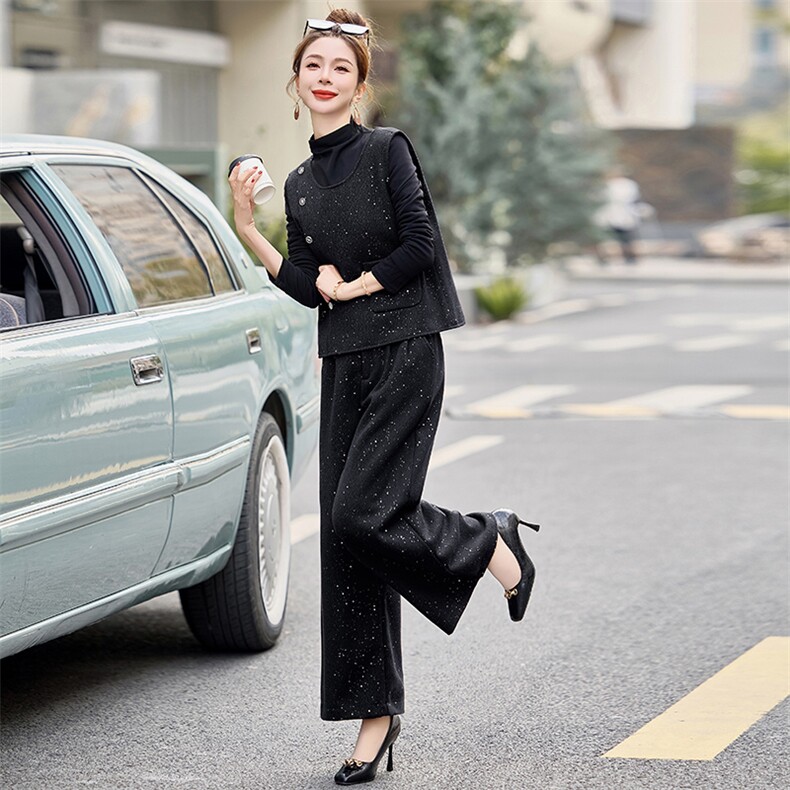 2025新款春装法式后背蝴蝶结马甲阔腿裤三件套,女装套装/套裙,韩蔻秀