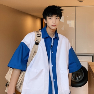 特P38控68 全棉拼接短袖衬衫港风撞色衬衣XCS01图片