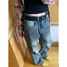 高街美式复古水洗做旧脏染破洞牛仔裤男宽松直筒设计感废土风裤子，男装牛仔裤，星座601-1