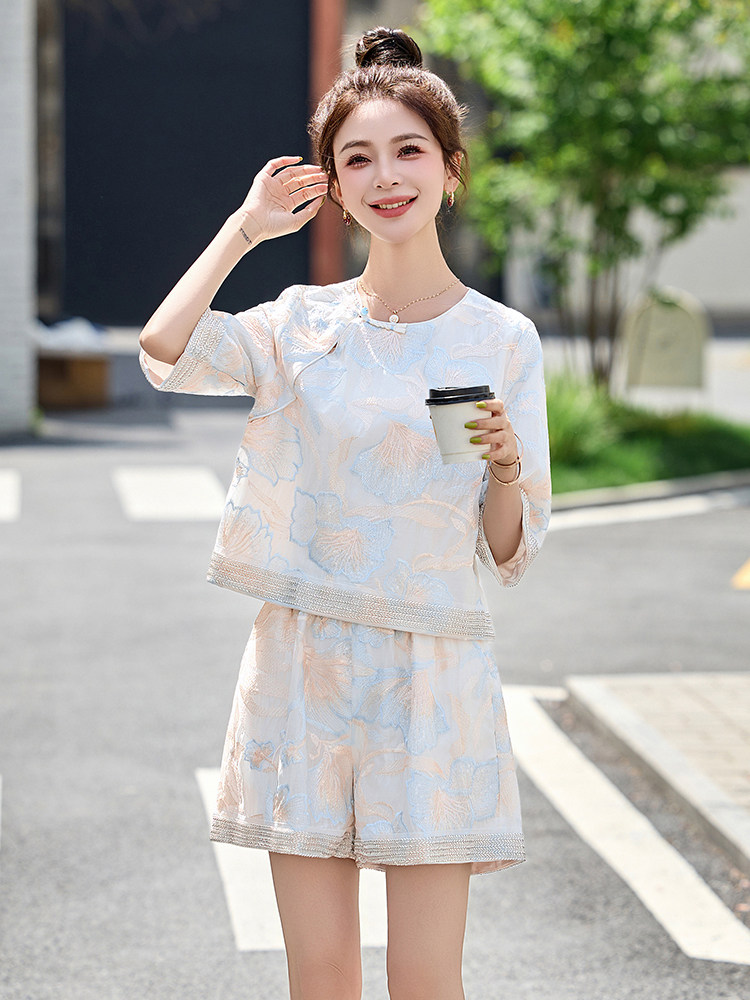 新中式国风短裤套装女夏新款欧货韩系高级感小个子重工刺绣两件套,女装套装/套裙,妙形