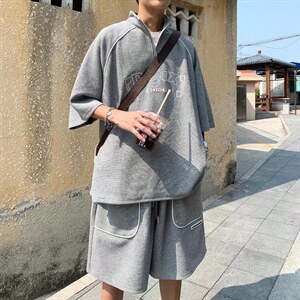 ins潮运动套装华夫格懒风小众宽松短袖T恤短裤两件套TG42P45,男装休闲套装,星座1116-2