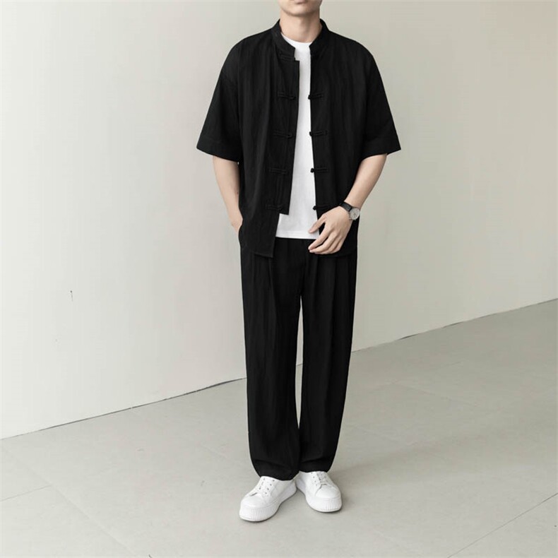 轻熟风风套装男装复古盘扣两件套宽松款A236-TZ82563-P120,男装休闲套装,电商A236