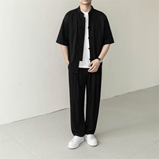轻熟风风套装男装复古盘扣两件套宽松款A236-TZ82563-P120，男装休闲套装，电商A236