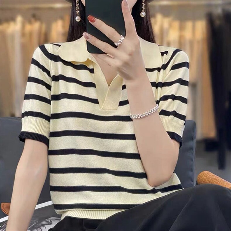 POLO领精纺羊毛短袖女条纹时尚拼色夏装新款百搭套头背心薄款上衣,针织衫/毛衣,萱芳婷羊绒