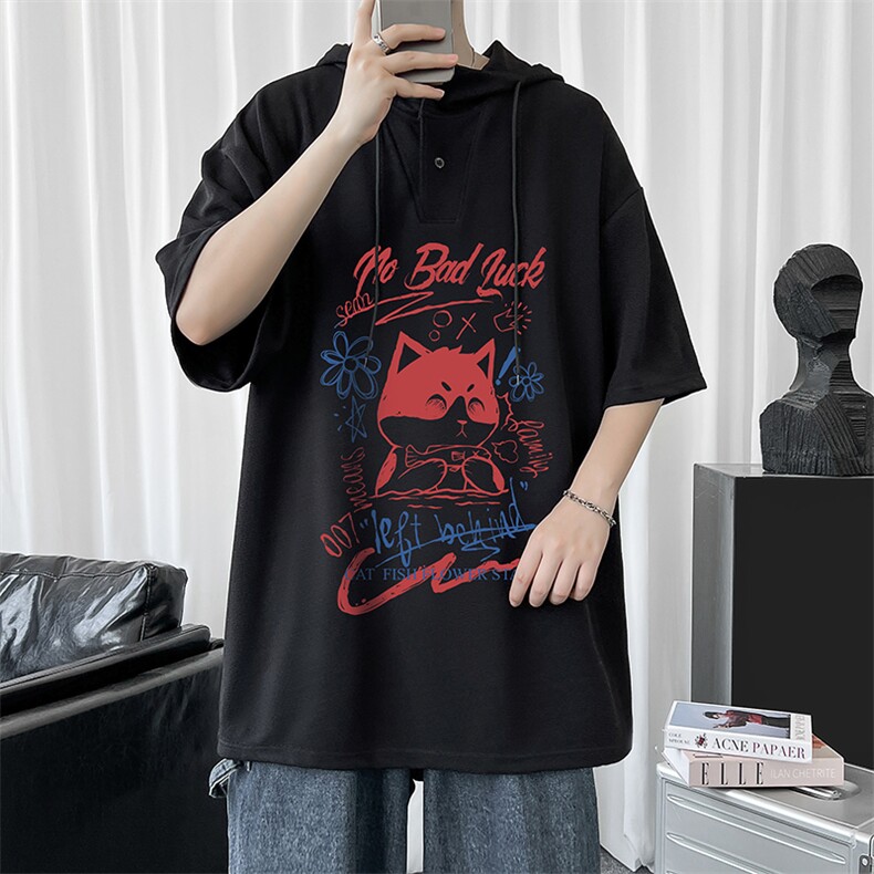 LD54226-P45 连帽短袖t恤男大码胖子带帽五分袖中袖图片