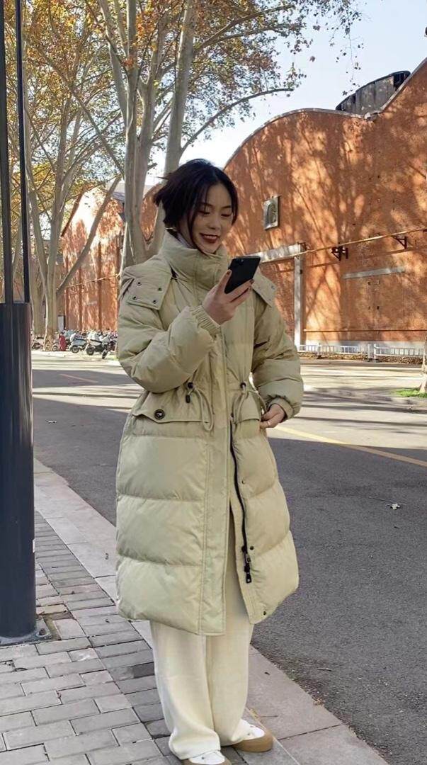 腰抽绳长款羽绒服，女装羽绒服，POHIO葆伊