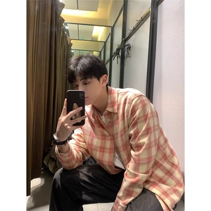 粉色格子衬衫男毛边格纹长袖衬衣K339-P45图片