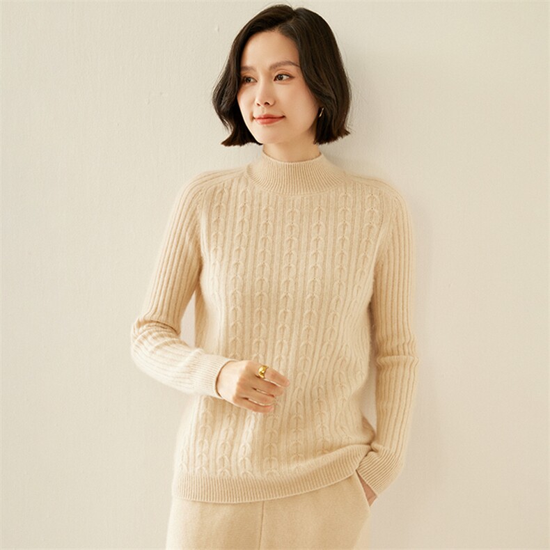 秋冬季扭花羊绒衫女山羊绒半高领加厚毛衣宽松针织打底衫保暖上衣,女装羊绒衫,纳丰羊绒