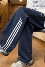 青少年休闲裤男生秋季条纹撞色拼接直筒弯刀裤复古宽松显瘦阔腿裤，男装休闲裤，电商A001