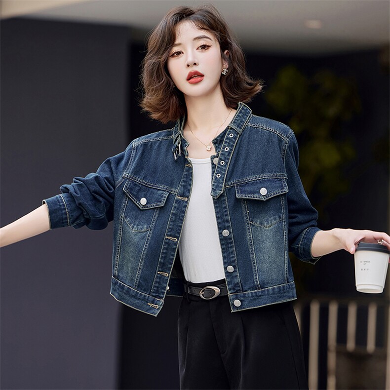 罗芬故事面料官网女装春秋新款时尚立领休闲上衣蓝色复古牛仔外,女装牛仔外套,依路服饰