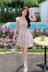 【度假风】温柔甜美显瘦法式碎花连衣裙A229长P125k185短P120K180，女装连衣裙，2D148